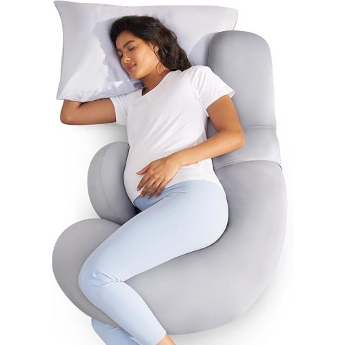Momcozy Cooling Pregnancy Pillow,Original F Shaped Maternity Pillow for Pregnant Women with Adjustable Wedge Pillow, Full Body Support Pregnancy Pillows for Side Sleeping with Velvet Cover, Light Grey