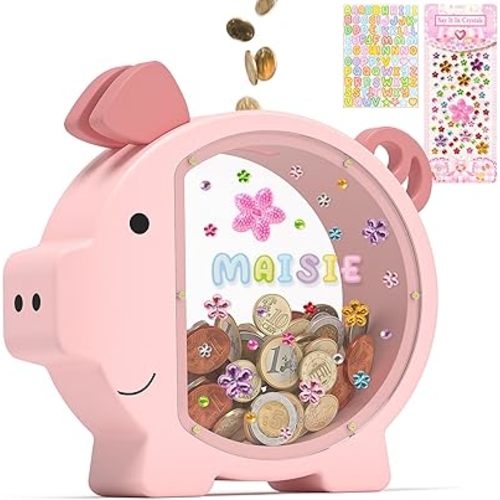Summidate Pink Piggy Bank Girls, Unbreakable Wooden Piggy Bank for Kids, Cute Personalized Wood Money Bank with DIY Sticker, Creative Saving Money Box Birthday Decor(Patent Pending)