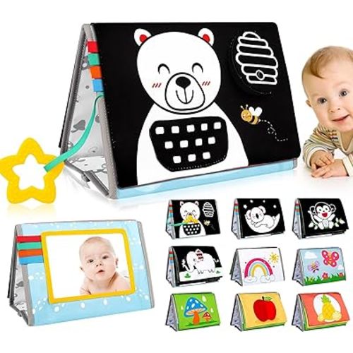 Tummy Time Mirror Baby Toys 0-6 Months - Infant Toys Black and White High Contrast Baby Crinkle Toys 0-3 Months with Teether - Montessori Newborn Brain Development Sensory Toys for Babies