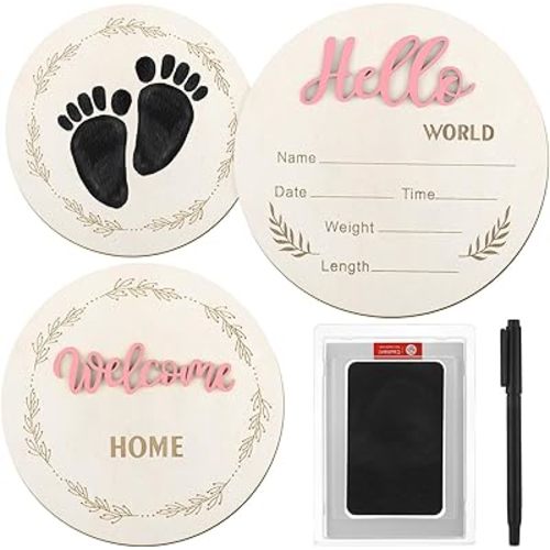 2 Pcs Baby Announcement Sign, 5.9in Hello World Newborn Sign with Ink Pad Pen, Birth Announcement Sign Wood Baby Name Sign for Hospital Nursery Baby Shower Photo Prop