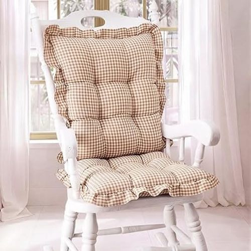 Lewtemi 2 Set Brown Gingham Rocking Chair Cushion Village Ruffled Rocking Chair Cushions 17x17 & 21x17 Inches Seat Pad & Back Cushion with Ties Farmhouse Rustic for Indoor Living Room Rocker