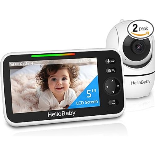 HelloBaby Upgrade Monitor, 5''Sreen with 30-Hour Battery, Pan-Tilt-Zoom Video Baby Monitor with Camera and Audio, Night Vision, VOX, 2-Way Talk, 8 Lullabies and 1000ft Range No WiFi - HB6550pro