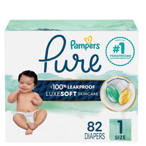 Pampers Pure Protection Baby Diapers, Size 1 (8-14 lbs), 82 Count, Up to 100% Leakproof, Premium Plant-based Skin Protection, Hypoallergenic Soft Diapers