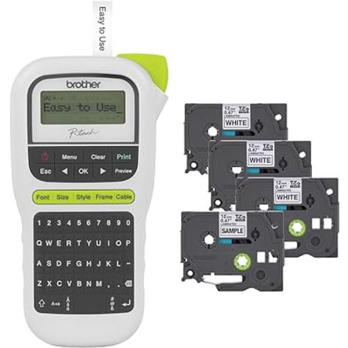 Brother P-Touch, PTH110BP, Portable Label Maker Bonus Bundle (4 Label Tapes Included) Handheld for Home, Home Office, and on-The-go use