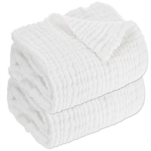Aablexema Baby Muslin Bath Towels - Set of 2 Large Size 43X43 Inches Swaddle Blanket for Newborn Toddlers Boys Girls (White)
