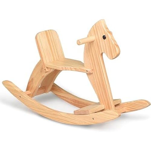 Rocking Horse Wooden Ride On Toy for Kids Classic Design Rocking Horse with Pedal and Safe Backrest Fine Workmanship(Classic, Natural)