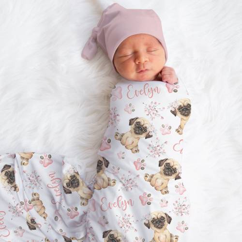 Personalized Pug Puppy Swaddle Blanket Wildflower Dog Name Baby Blanket Newborn Baby Girl Coming Home Outfit Dog Lover Baby Shower Gift