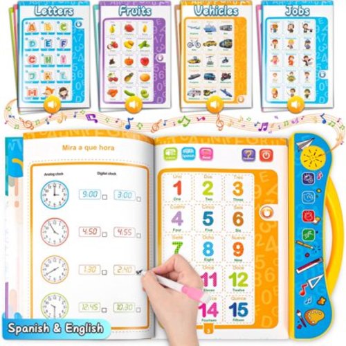 Sinifer Learn Spanish English for Kids 1-6, Spanish Talking Sound Books for Kid Toddler Baby, Interactive Electronic Audio Book Bilingual Toys, Libros para en Espanol Juegos para Niños