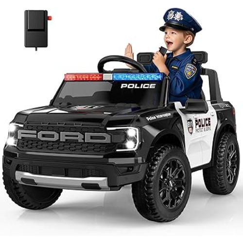 ANPABO Licensed Ford Police Car Ride On, 12V Kids Cars to Drive w/Realistic LED Siren Flashing Light, Megaphone, Remote Control, Music, Storage Trunk, Electric Cars for Kids Ages 2-5, Black