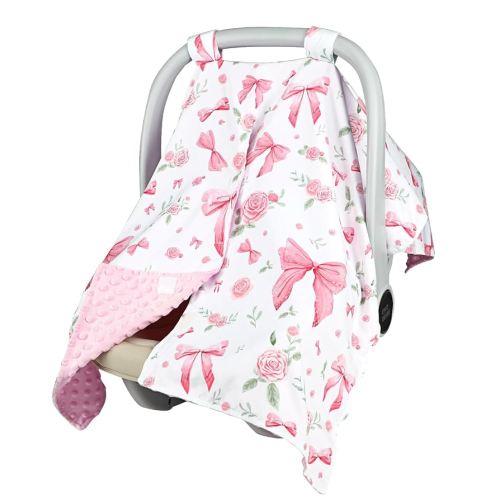 Baby Car Seat Cover, Peekaboo Opening Car Seat Canopy for Baby Girls Boys, Mom Nursing Breastfeeding Covers, Blanket for Infant, Pink Rose