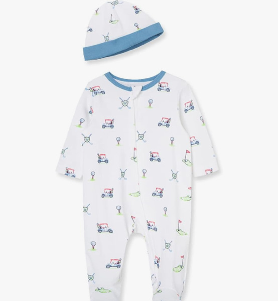 Little Me Baby Boy Clothes 2-Piece Baby Sleeper and Cap Set, 100% Cotton Footies Baby Essentials