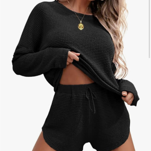Ekouaer Womens Waffle Knit Pajama Sets Long Sleeve Top and Shorts Matching Lounge Set Loungewear Sweatsuit with Pockets