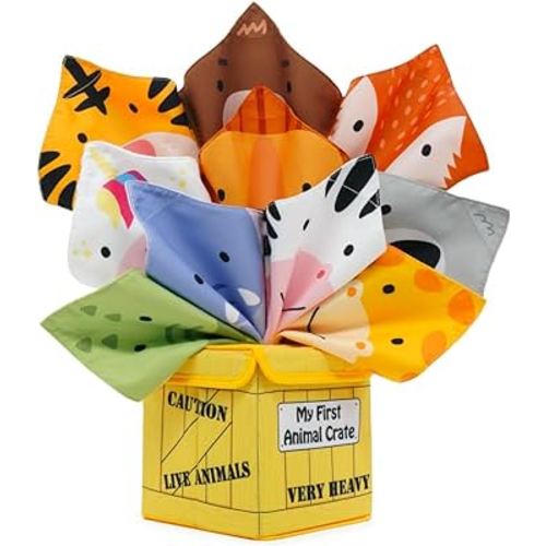 Urban Kiddy™ My First Animal Crate | Sensory Baby Tissue Toy Box, Montessori Toys for Infants & Toddlers, Imaginary Play, Colorful Crinkle Textured Pull Scarves, Educational Preschool Learning