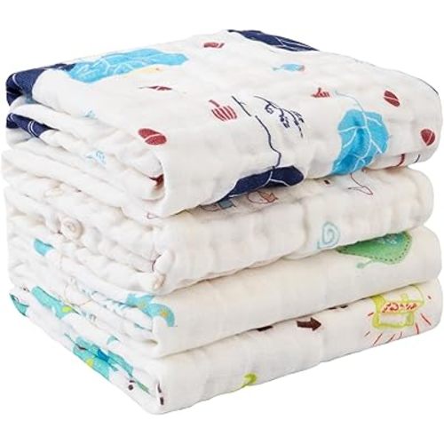 Viviland Baby Muslin Burp Cloths, 100% Cotton Super Absorbent Washcloths for Baby Girl and Boy, 10 x 20 inches 6-Layer Baby Bath Towels, Elephant & Whale Pattern 4 Pack