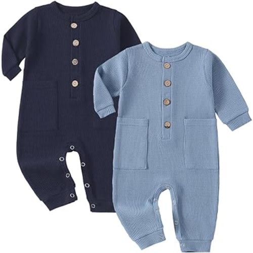 Baby Boys Girls 2 Pack Solid Romper Waffle Long Sleeve One-Piece Cotton Jumpsuit Outfits Clothes