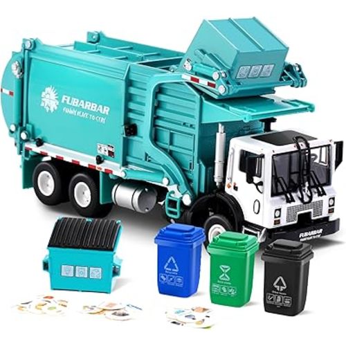 FUBARBAR Metal Garbage Truck Toy Model – 1:43 Diecast Recycling Waste Transport Truck with Trash Bin, Pull Back Model Car Toy for Kids Boys (Blue)