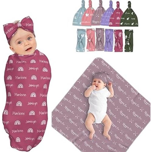 Personalized Baby Boy Swaddle Blanket, Baby Swaddle Wrap, Personalized Baby Girl Swaddle Blanket, Baby Blanket with Name, Baby Swaddle Blanket for Newborn (Names and Icons)