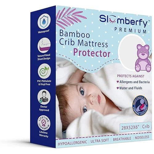 Bamboo Crib Mattress Protector by Slumberfy, Waterproof and Hypoallergenic Mattress Protector for Babies and Toddlers, Made of Bamboo Material, Mom's Choice Award Winner-29x52x6 inches