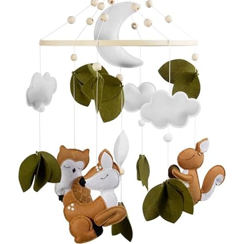 FEISIKE Baby Mobile for Cirb, Woodland Animals Theme Bassinet Baby Nursery Mobiles for Boys and Girls, Squirrel Crib Mobile Hanger for Infant Bedroom Hanging Decoration