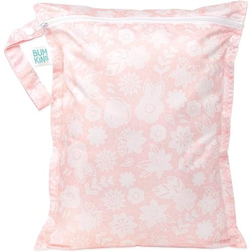 Bumkins Waterproof Wet Bag for Baby, Travel, Swim Suit, Cloth Diapers, Pump Parts, Pool, Beach, Gym Clothes, Toiletry, Hook to Stroller, Daycare, Zipper Reusable Wetdry Packing Pouch, Lace Pink