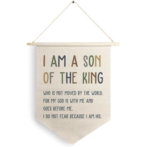 Qpenm I Am a Son of the King Hanging Wall Canvas Banner, Encourage Quote Hanging Pennant Flag Prints, Boys Bedroom Banner, Nursery Wall Hanging poster&prints