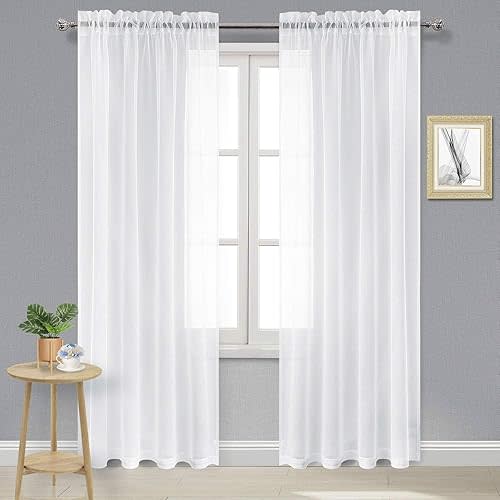 DWCN White Sheer Curtains Semi Transparent Voile Rod Pocket Curtains for Bedroom and Living Room, 52 x 84 inches Long, Set of 2 Panels
