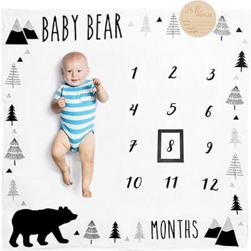 Organic Baby Monthly Milestone Blanket Boy - Baby Bear Months Blanket with Month Marker Frame and Newborn Announcement Disc - Growth Age Blanket for 1-12 Months Milestones, Woodland, 47”x47”