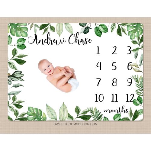 Milestone Blanket, Personalized Baby Greenery  Jungle Tropical Leaves Monthly Growth Tracker Newborn Boy Girl Neutral Baby Shower Gift B1396