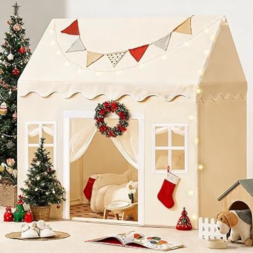 Tiny Land Play Tent with Padded Mat & LED Lights, Kids Tent, Playhouse for Kids, Indoor Bed Tent for Toddler, Toys for 3,4,5,6-Year-Old Girls, Neutral Color Play Room Furniture