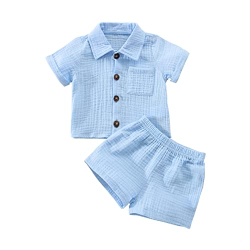 Baby Boys Clothes Set Toddler Infant Boys Button-down Shirt Tops + Cotton Gauze Shorts Summer Outfit 2PCS with Pockets