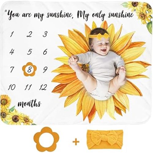 Baby Monthly Milestone Blanket Girl - Sunflower Newborn Month Blanket Personalized Shower Gift Floral Nursery Decor Flower Photography Background Prop with Frame Headband Large 51''x40''