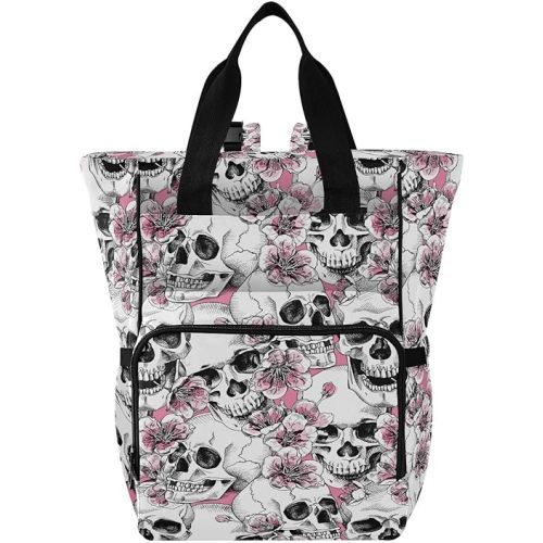 MNSRUU Diaper Bag Pink Floral Skull Diaper Bag Backpack Multifunction Travel Diaper Bag Tote Large Capacity Diaper Changing Backpacks for Moms Dads