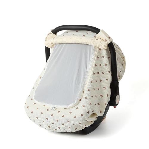 Muslin Cotton Baby Car Seat Cover for Boys and Girls, Summer Baby Car Seat Covers Infant Car Seat Canopy with Breathable Mesh Window Windproof Carseat Cover for Babies (Cream)