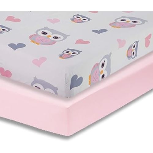 Everyday Kids 2 Pack Fitted Girls Crib Sheet, 100% Soft Breathable Microfiber Baby Sheet, Fits Standard Size Crib Mattress 28in x 52in, Nursery Sheet - Sweet Owls/Pink
