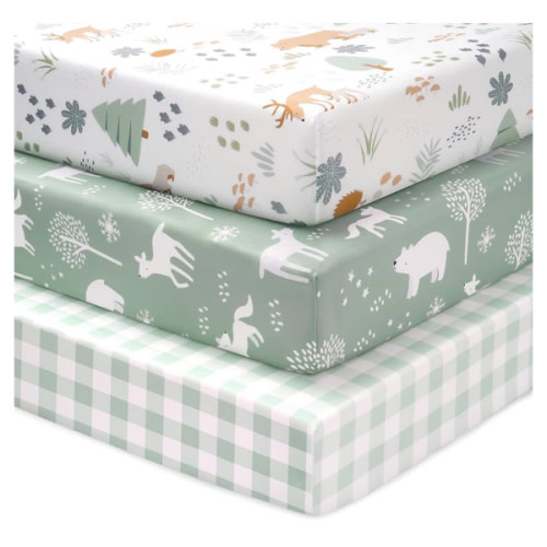 Baby Crib Sheets for Boys and Girls, 3 Pack Fitted Toddler Bed Sheets Neutral for 52”x28” Standard Crib and Toddler Mattresses, Super Soft Microfiber Green Forest Bear