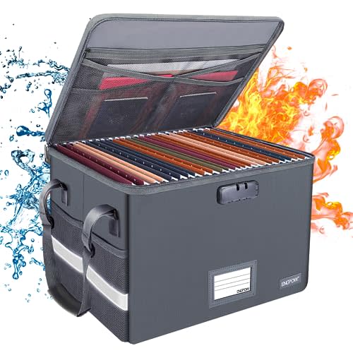 ENGPOW File Box with Lock, Fireproof Document Box with Zipper Lid, Collapsible File Organizer Storage Filing Cabinet with Handle, Portable Home Office Safe for Hanging Letter/Legal Folders, Grey