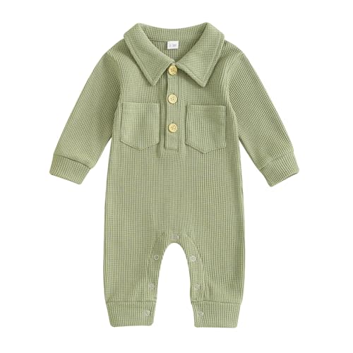 Lesimsam Newborn Baby Boy Waffle Knit Collared Romper Jumpsuit Solid Button Long Sleeve Bodysuit One-Piece Fall Winter Outfit