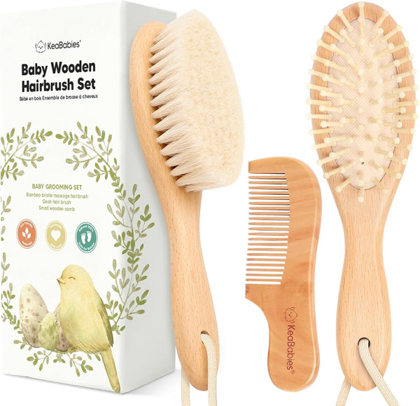Wooden Baby Hair Brush Set for Newborns, Toddler Comb (Walnut, Regular) | Soft Goat Bristle, Baby Brush and Comb Set, Infant Grooming Kit, Cradle Cap Care, Durable & Gentle, Boy, Girl Bath Essential