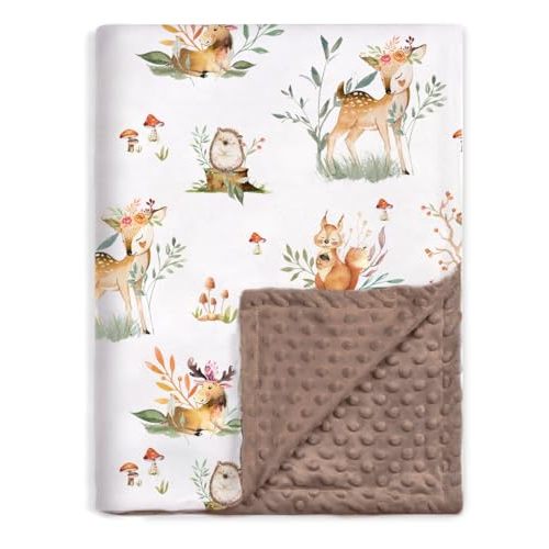 BOPRIO Baby Blankets for Boys Girls, Super Soft Nursery Minky Toddler Blankets with Woodland Animals and Leaves Design Dotted Fleece Backing, Warm Bed Throw for Newborn Infants Brown