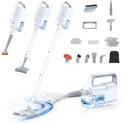 LABIGO 10-in-1 Steam Mop with Detachable Handheld Steamer, 350ml Tank, 10s Heat-Up, 248°F Steam Cleaner, 3-Level Control and Swivel Head for Floors, Carpets, Tiles, BBQ grill Multi-Surface Clean White