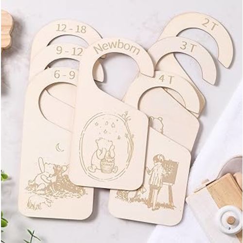 11pcs Winnie Wooden Baby Closet Dividers | Double-Sided Newborn to 4T Baby Clothes Dividers for Closet | Nursery Decor Hanger Size Organizer, Nursery Organization
