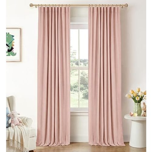 INOVADAY 100% Blackout Curtains for Bedroom, Black Out Curtains 84 Inch Long, Clip Rings Linen Blackout Drapes, Thermal Insulated Room Darkening for Living Room, 2 Panels - Blush Pink,W50xL84