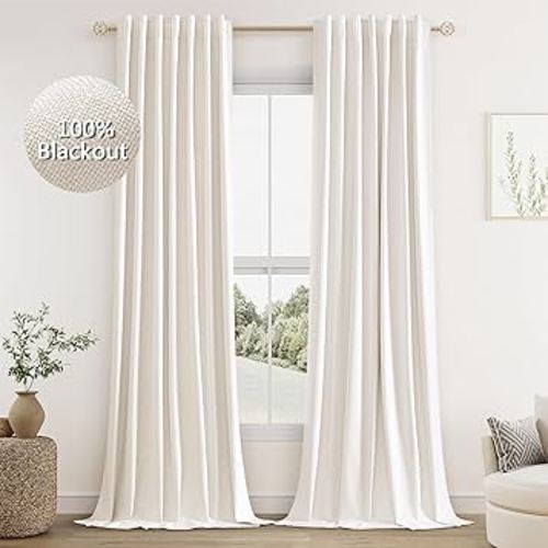 Guken Ivory Linen Blackout Curtains 108 Inch Length 2 Panels Set for Living Room Bedroom Back Tab Thermal Insulated 100% Black Out Linen Drapes Room Darkening Window Curtains 108 Inches Long
