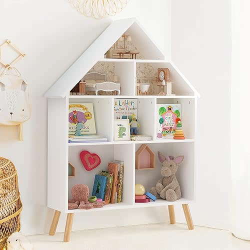 Kids Dollhouse Bookshelf and Baby Storage - Wooden Stand Dollhouse Bookcase with 4-Tier Storage Display Organizer, Children Bookshelf for Playing Room, Nursery - White