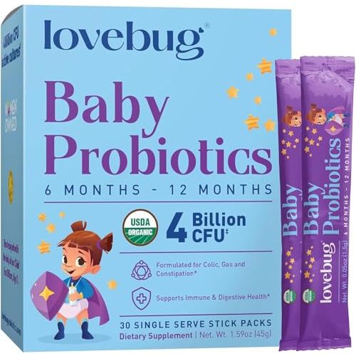 LOVEBUG Award Winning USDA Organic Probiotic for Babies | Multi-Strain 4 Billion CFU | Easy-to-Take Powder | Sugar Free | Ages 6-12 Months | 30 Packets