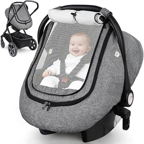 Rquite Car Seat Cover Baby, Carseat Covers Boy Girl, 2 Layers Window -Breathable Mesh & Wind/Sun Shade, Infant Car Seat Canopy Baby Carrier/Stroller Cover, Fit Spring, Fall, Winter, Cold Weather
