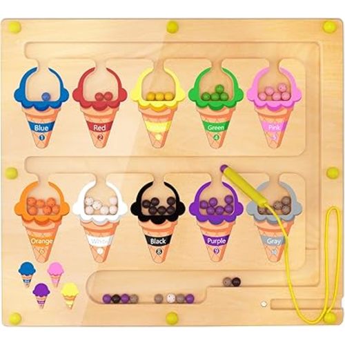 Ice Cream Magnetic Color and Number Maze, Montessori Color Sorting Puzzles Game for Kid, Counting Matching Board Toys, Learning Motor Skill Toy Gift for Boys Girls Toddlers Preschool 3 4 5 Years