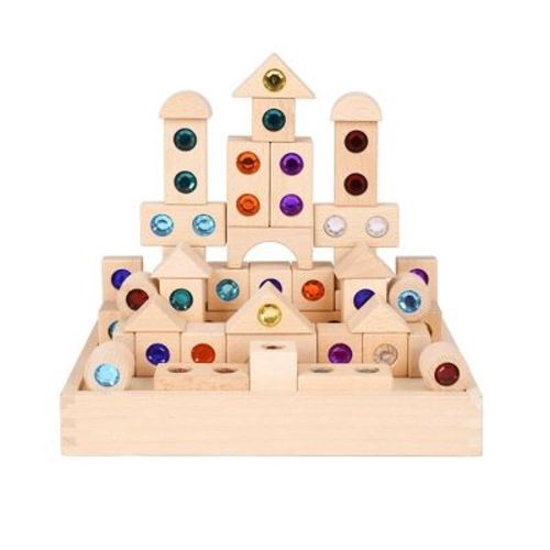 50 Pieces Wooden Building Blocks Set, Transparent Rainbow Gem Stacking Game For Kids 3+