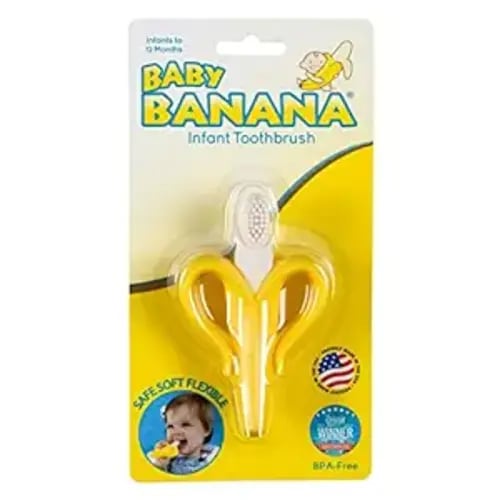 Baby Banana Yellow Banana Infant Toothbrush, Easy to Hold, Made in the USA, Train Infants Babies and Toddlers for Oral Hygiene, Teether Effect for Sore Gums, 4.33" x 0.39" x 7.87", BR003