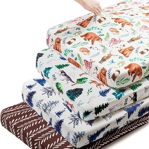 4 Pack N Play Sheets Woodland Forest Animals Wood Neutral Unisex Fitted Baby N Play Sheets Fitted for Standard Pack and Plays and Mini Cribs Set for Baby Boys or Girls